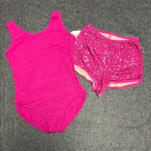 Magenta Hot Pink Leotard & Sequin Shorts L (12-14) New